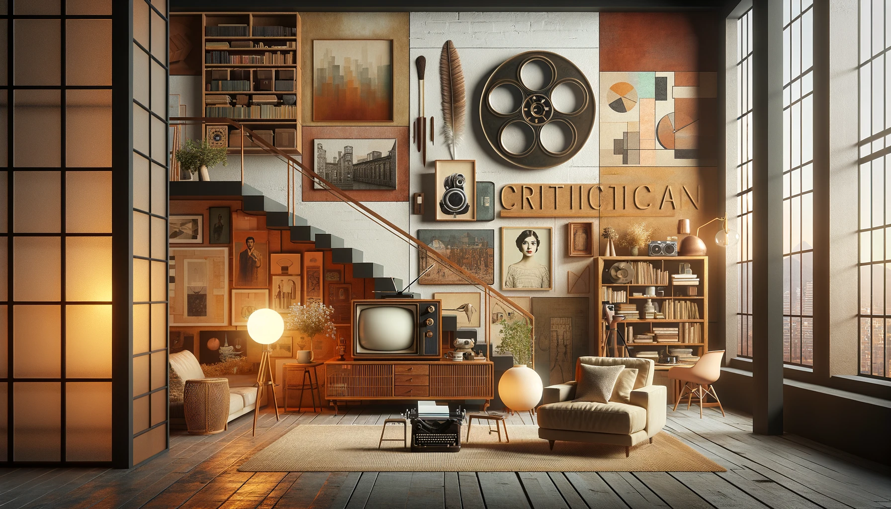 A-serene-digital-collage-in-a-loft-style-setting-embodying-themes-of-film-blogging-criticism-television-media-and-art-all-in-warm-subdued-color